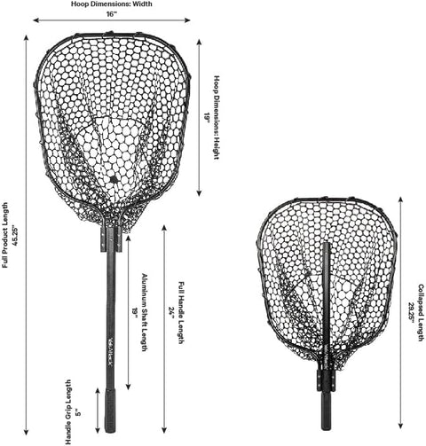 YakAttack 16” x 19” Landing Net with 24” Long Telescoping Handle and Rubber Netting, Black